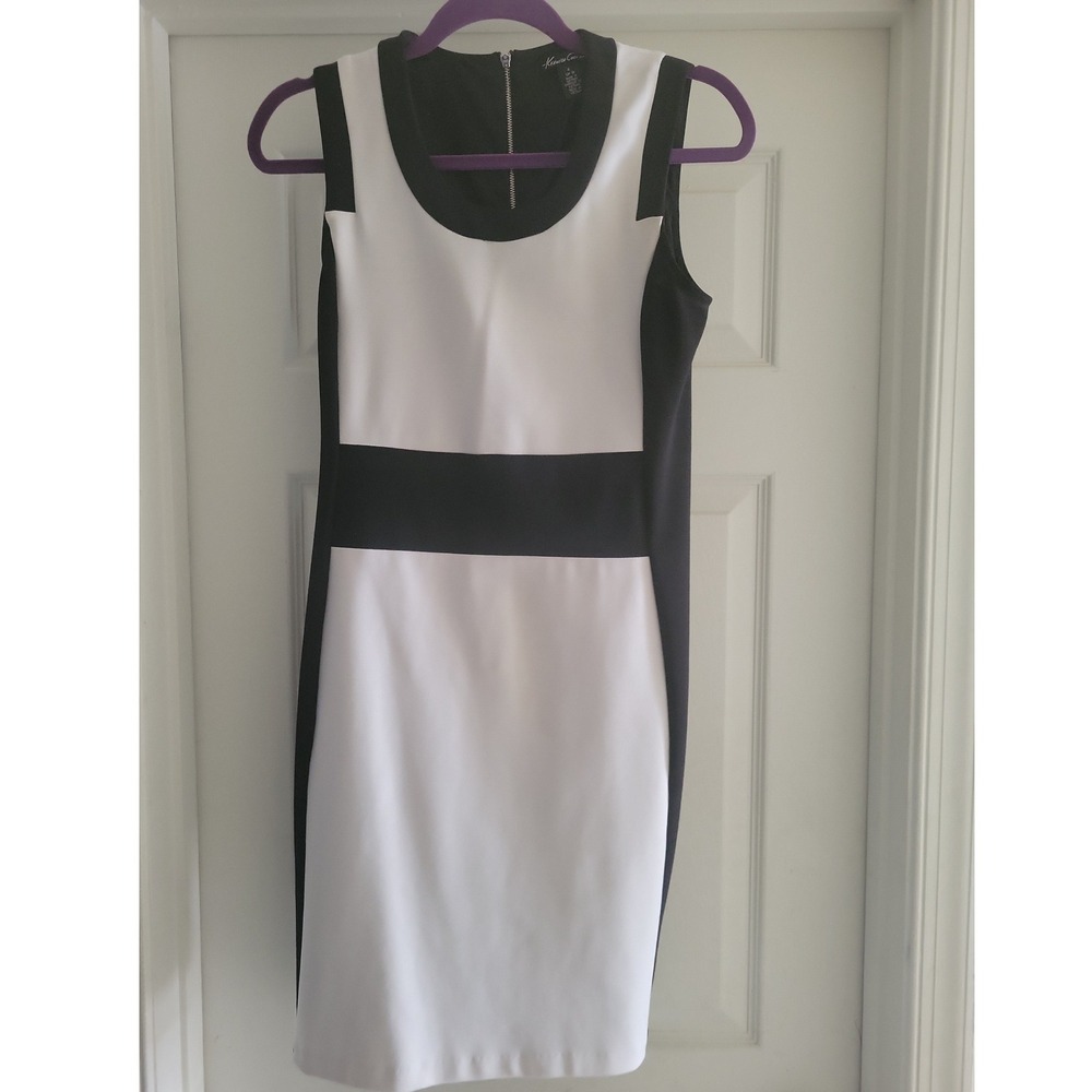 Kenneth Cole New York Black White Colorblock Sheath Dress Size 4 Sleeveless Zip